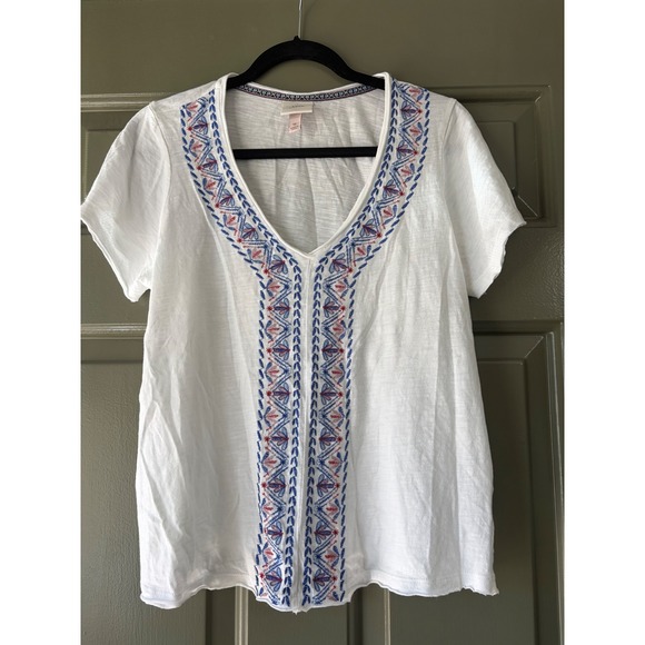 Knox Rose Tops - Knox Rose | Embroidered V-Neck Boho Slub Top | Medium || White|